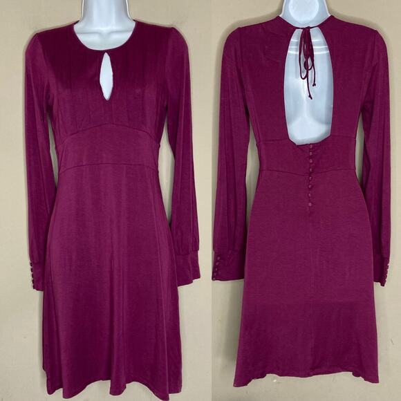 Free People Purple Keyhole Front Open Back Tie Shift Dress Long Sleeve  Size 4 - Picture 2 of 16